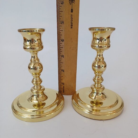 Baldwin Brass Candlesticks Holders 5" Height Vintage Set of 2 Round Base - Picture 4 of 9